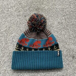 KAVU Hat Beanie Mens One Size Blue Red Pom Cuffed Knit Octopus Anchor Nautical
